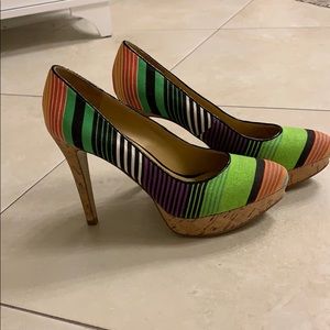Nine West striped pumps cork heels green orange